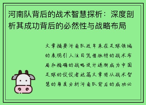 河南队背后的战术智慧探析：深度剖析其成功背后的必然性与战略布局