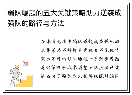 弱队崛起的五大关键策略助力逆袭成强队的路径与方法