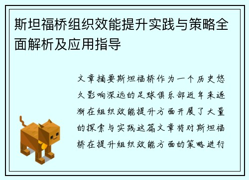 斯坦福桥组织效能提升实践与策略全面解析及应用指导